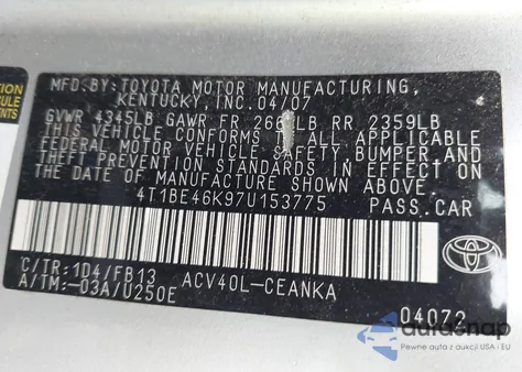 2007 Toyota Camry Ce/Le/Se/Xle из США, поврежденный, VIN 4T1BE46K97U153775